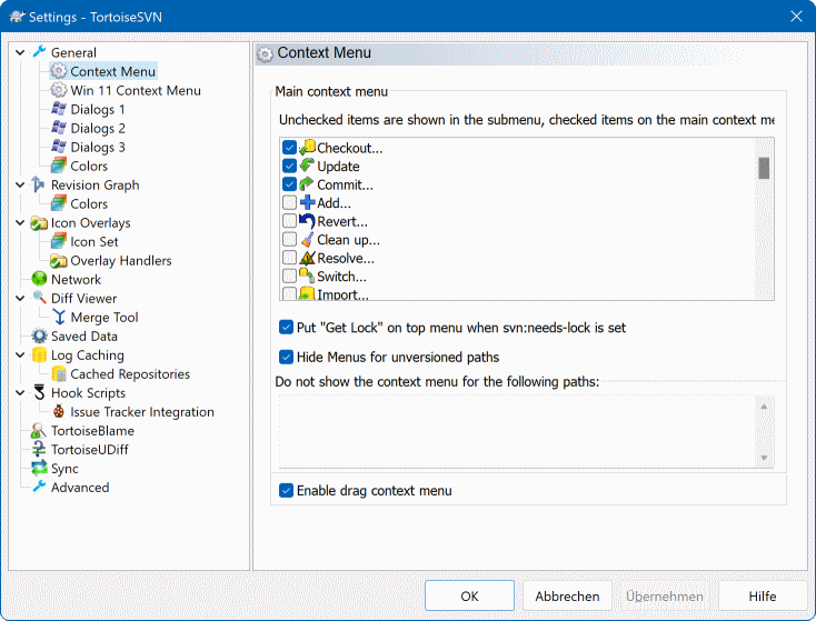 The Settings Dialog, Context Menu Page